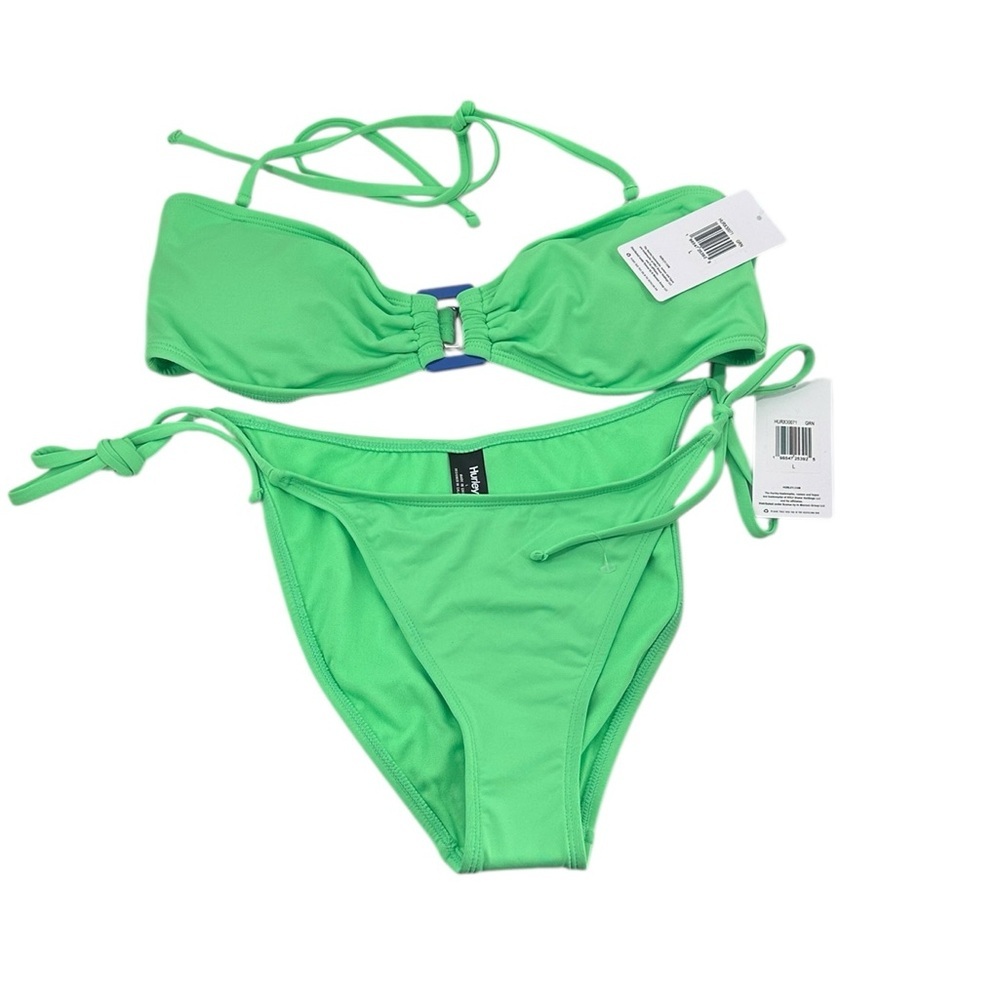 Hurley Bright Green Bikini Set Bandeau top halter tie bottoms sz lg NWT